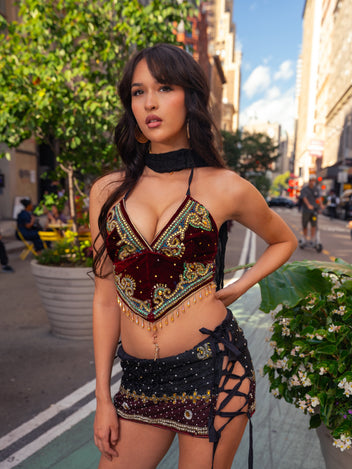 Midnight Velvet Lace Up Mini Skirt Set