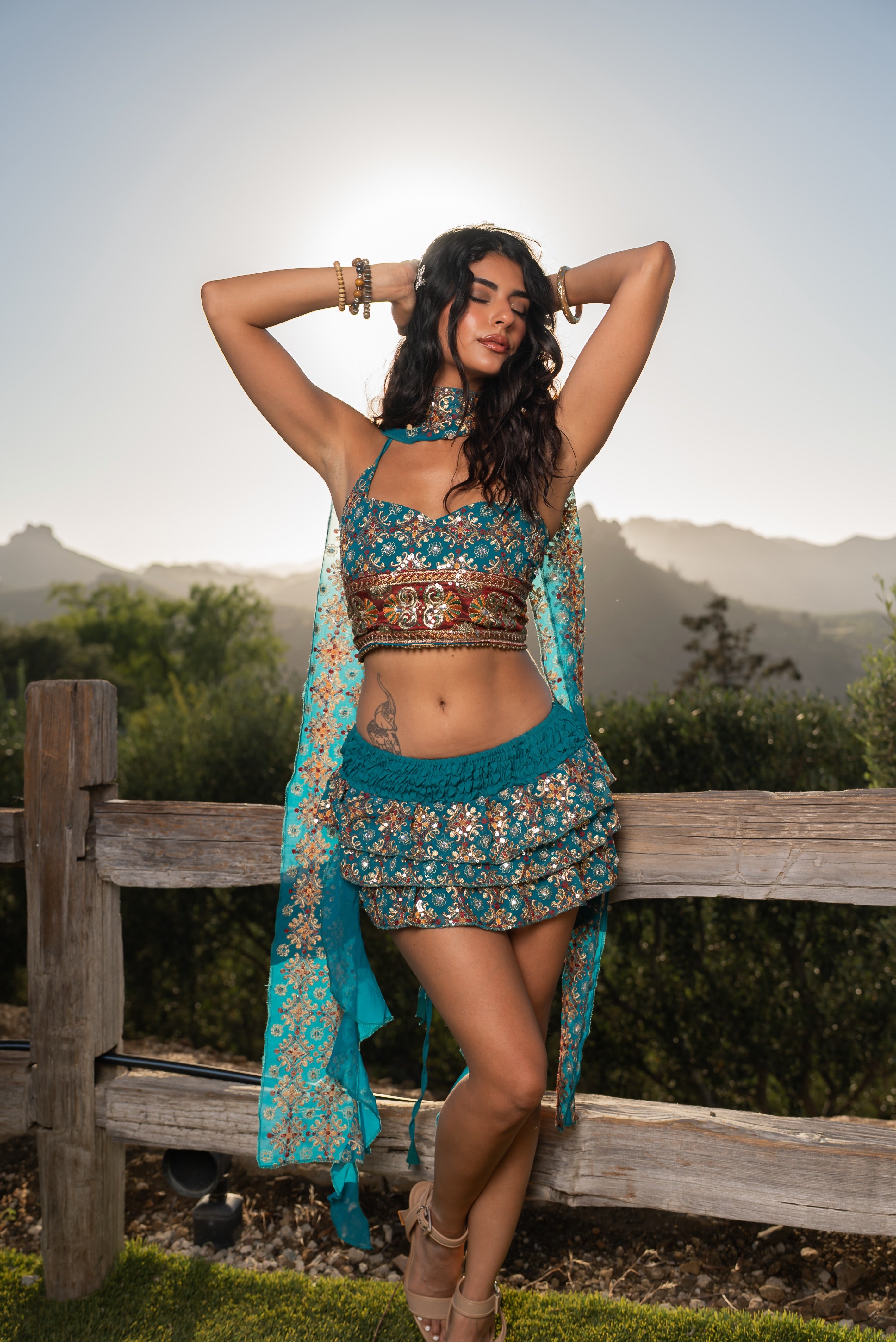 Blue lotus ruffle mini skirt set