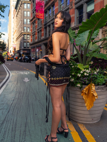 Midnight Velvet Lace Up Mini Skirt Set