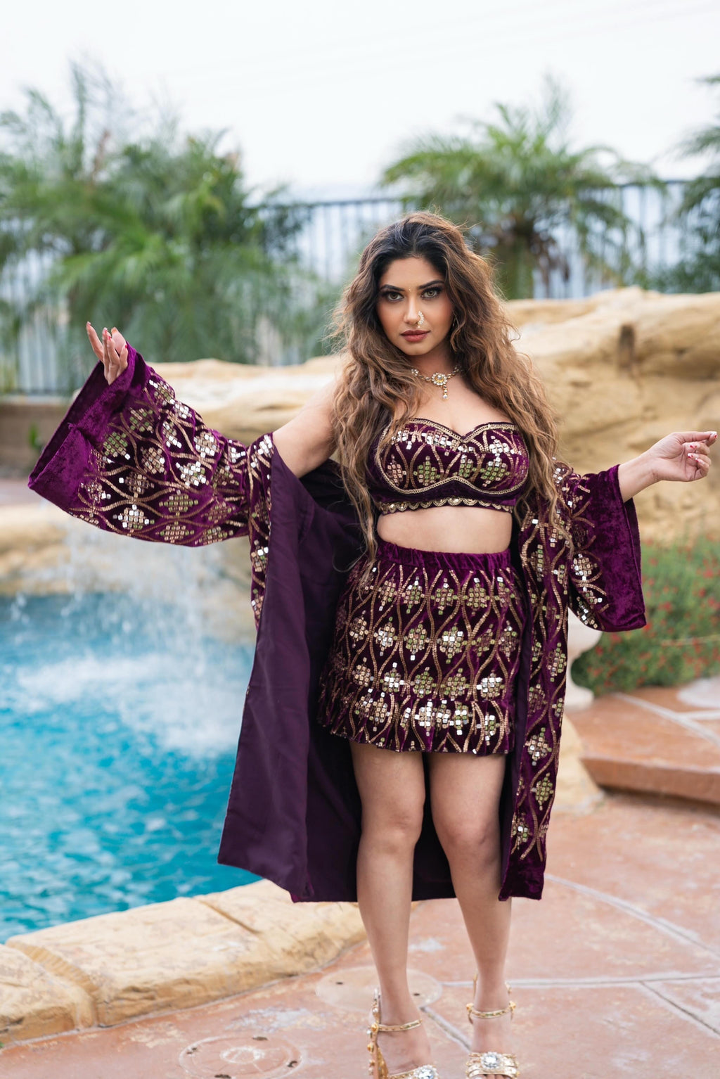Pyramid Plum Velvet Ruffle Mini Skirt Set