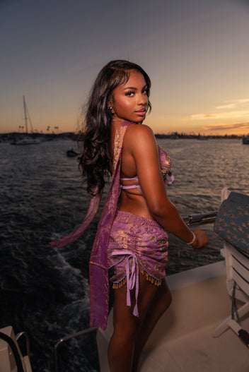 lilac love ruched mini skirt set