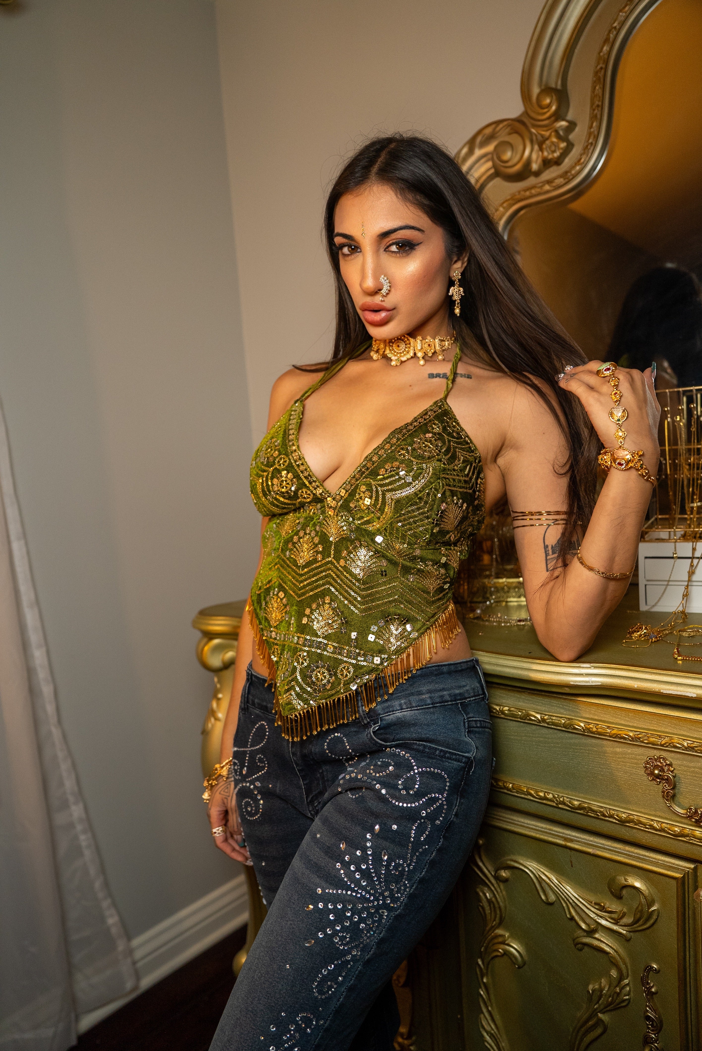 Olive Velvet Fairy Venus Sequin Top