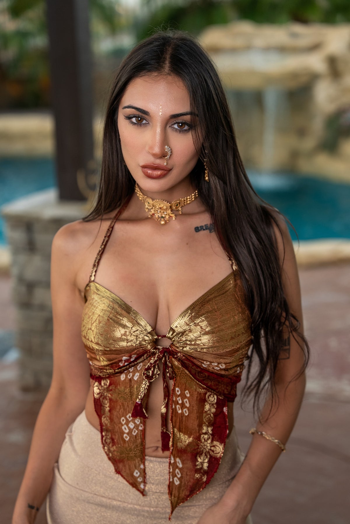 Golden Bandhani Ring Neck Pixie Top