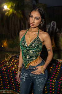 Emerald Venus Velvet Sequin Top