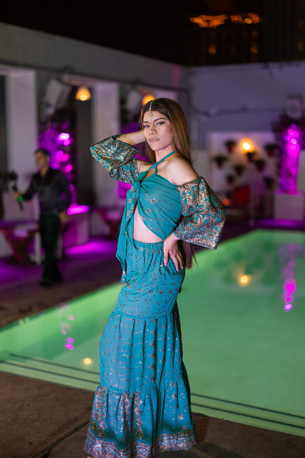 Golden turquoise sharara pants set