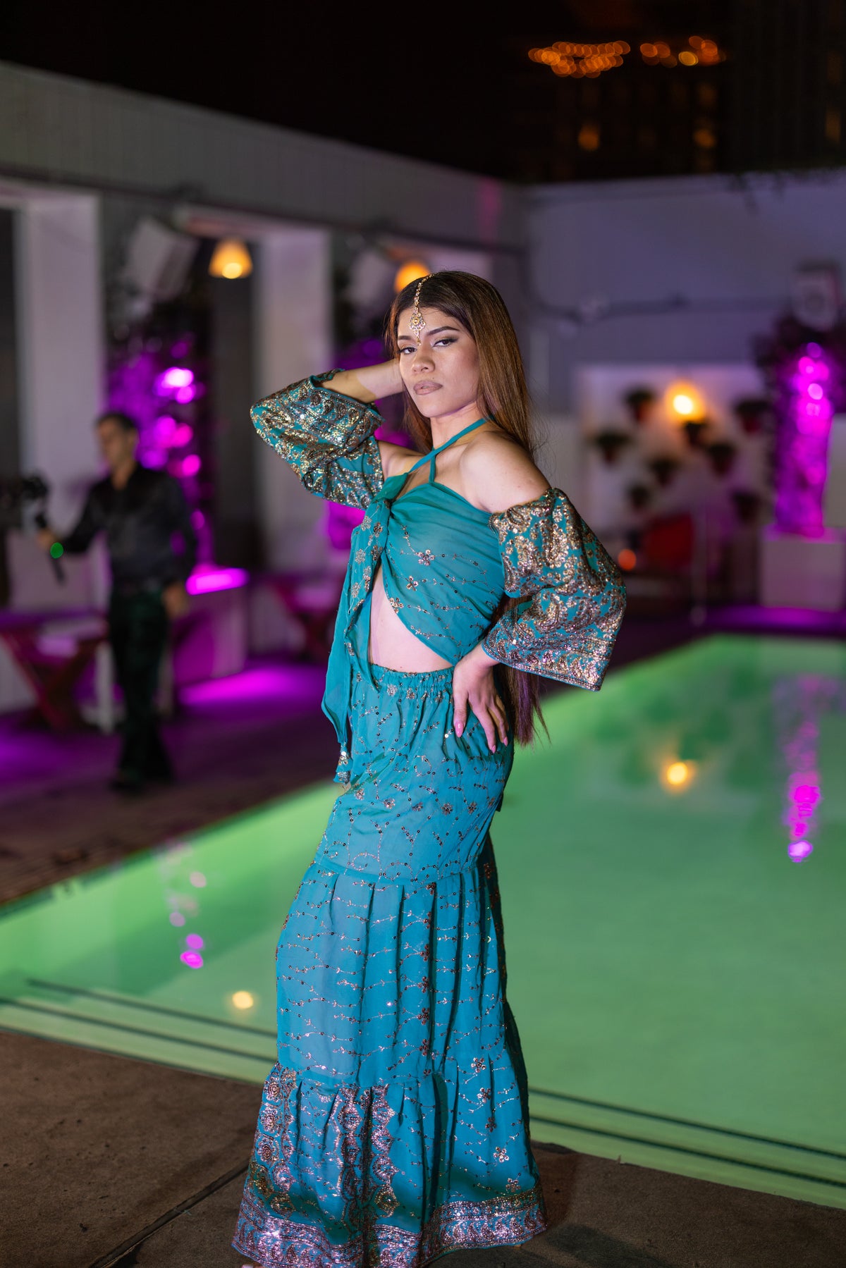 Golden turquoise sharara pants set
