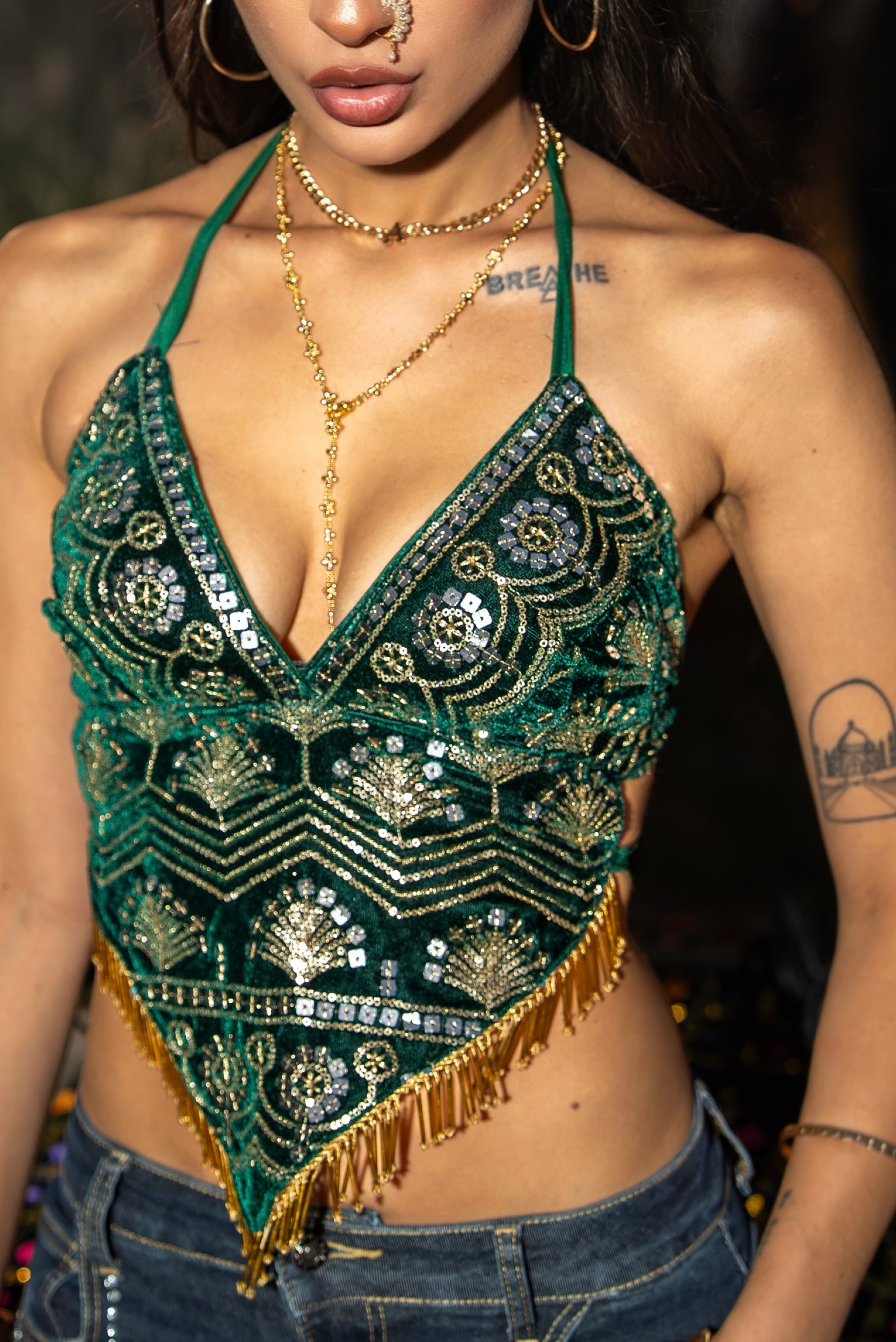 Emerald Venus Velvet Sequin Top