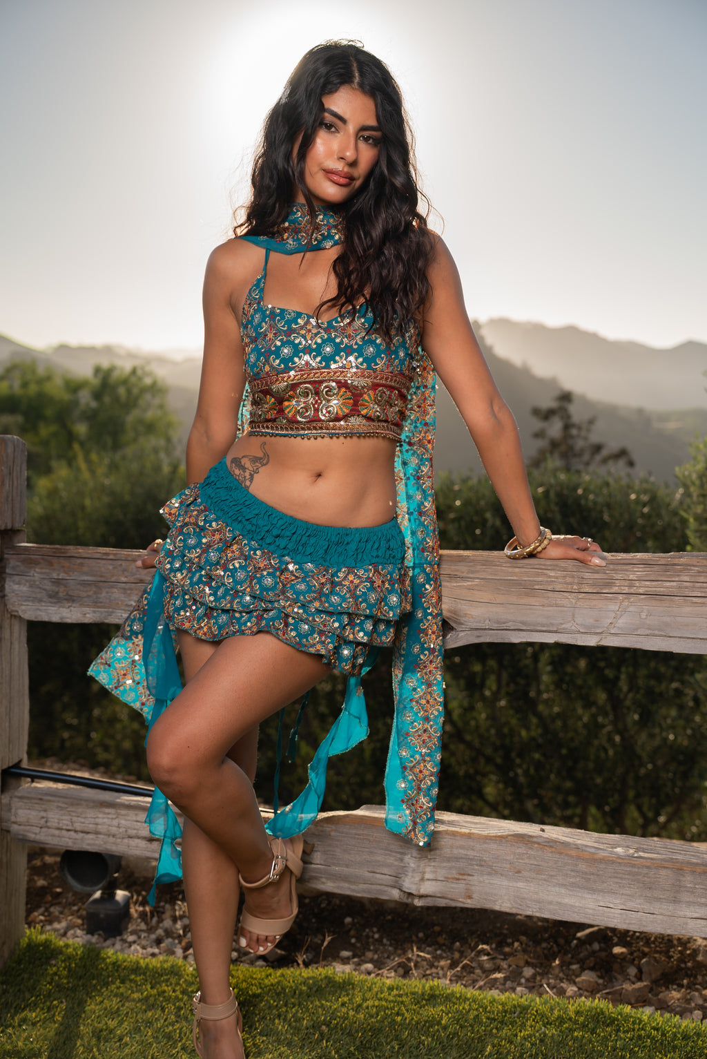 Blue lotus ruffle mini skirt set