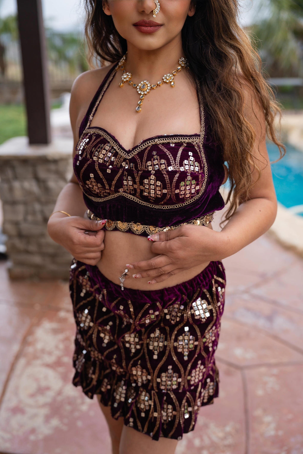 Pyramid Plum Velvet Ruffle Mini Skirt Set