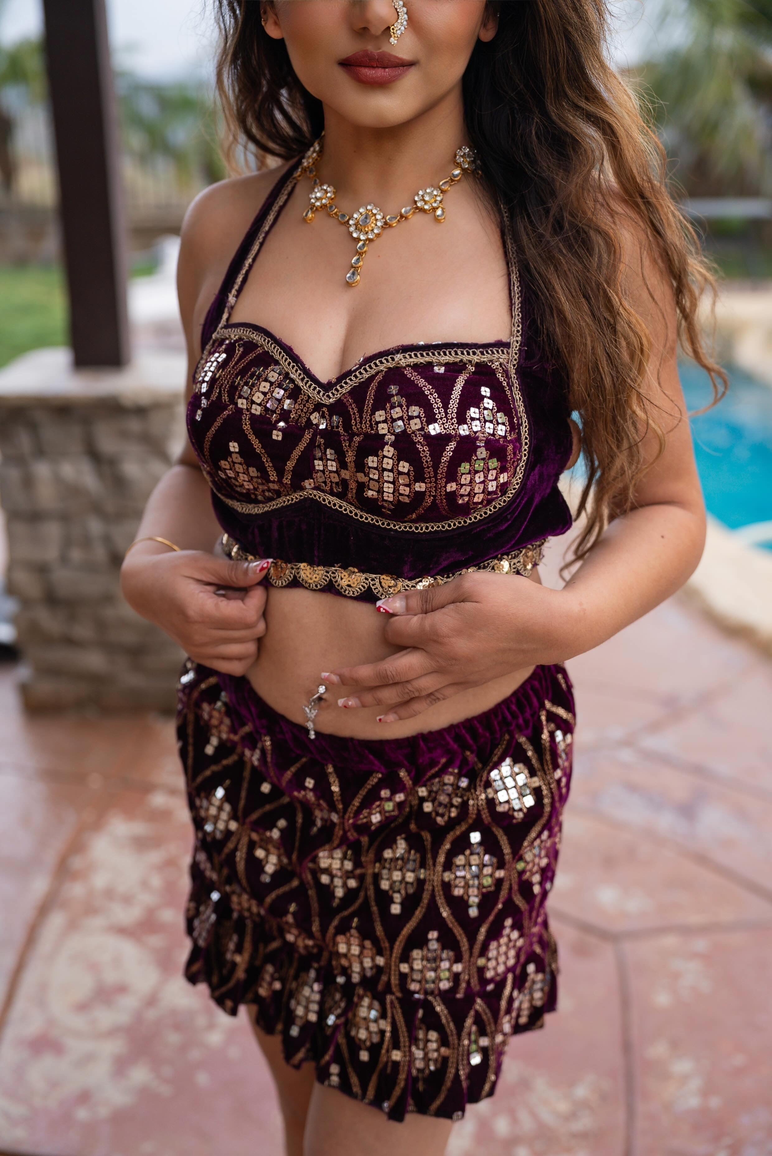 Pyramid Plum Velvet Ruffle Mini Skirt Set
