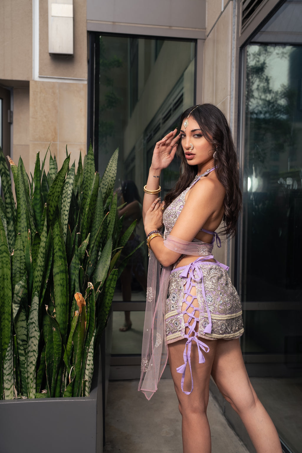 Lilac Diamonds Lace up Mini Skirt Set