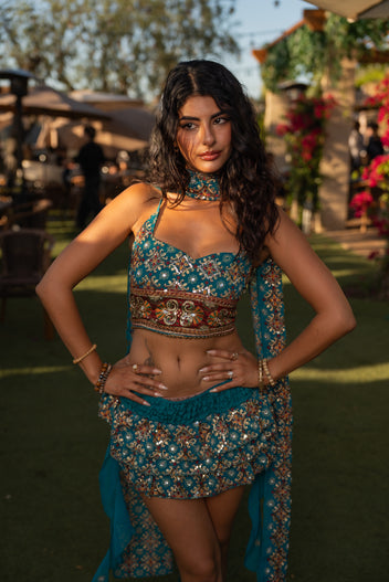 Blue lotus ruffle mini skirt set