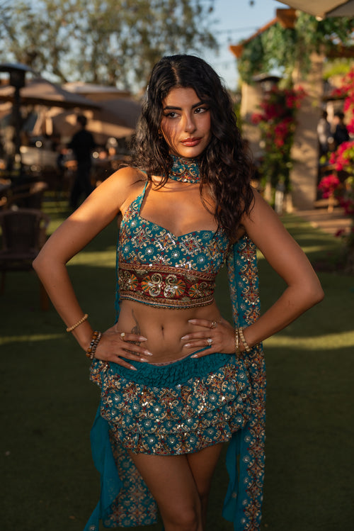 Blue lotus ruffle mini skirt set