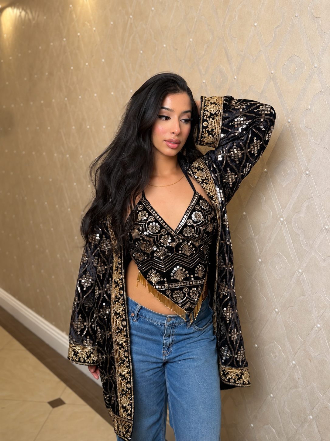 Black Lotus Velvet Hoodie Kimono