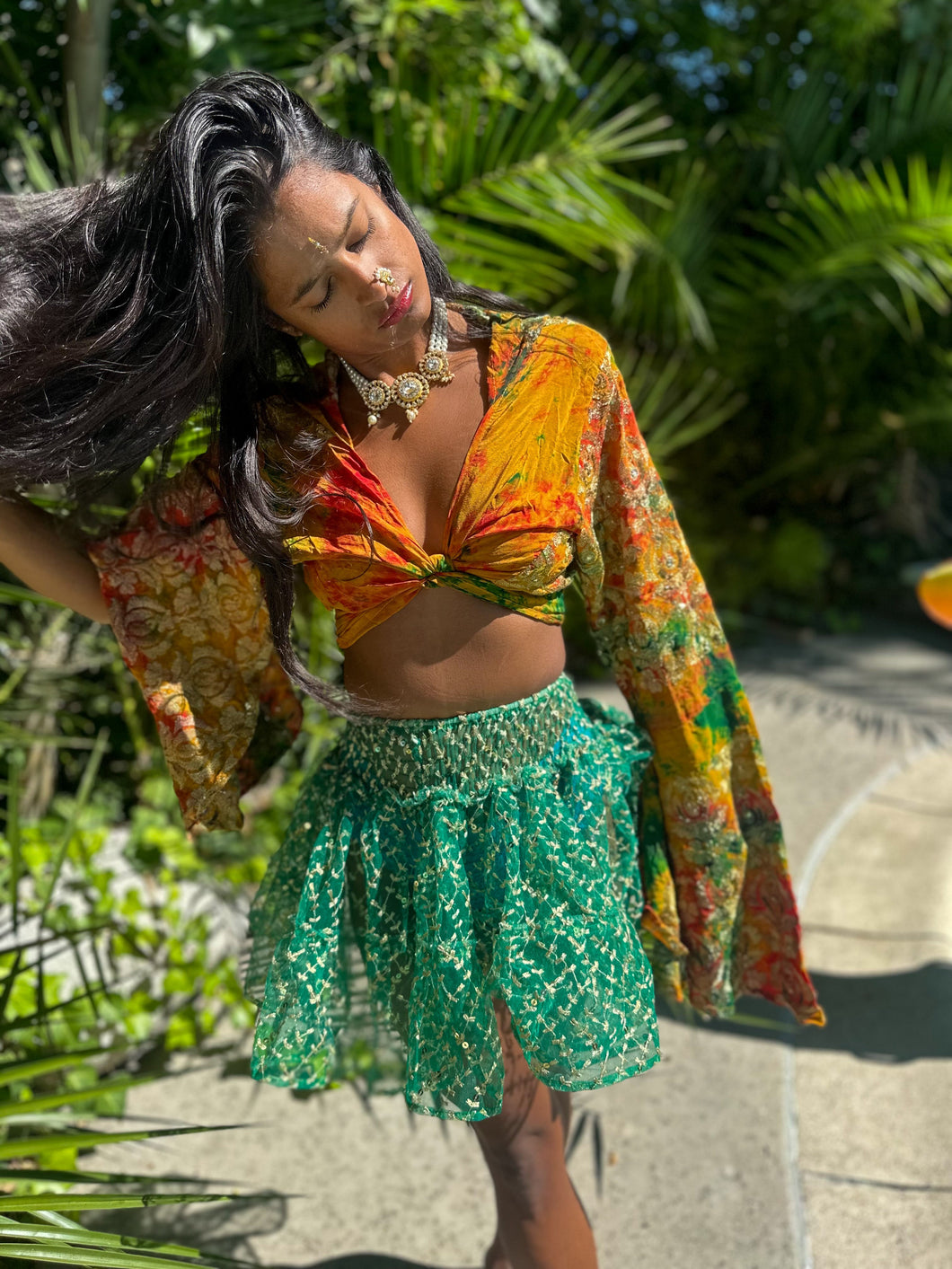 electric emerald mini skirt