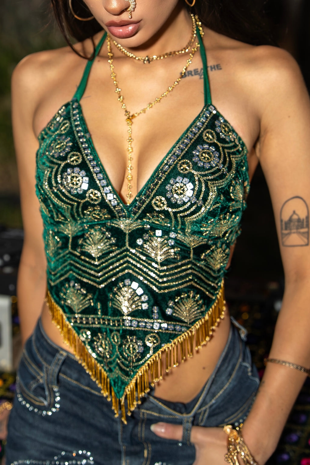 Emerald Venus Velvet Sequin Top