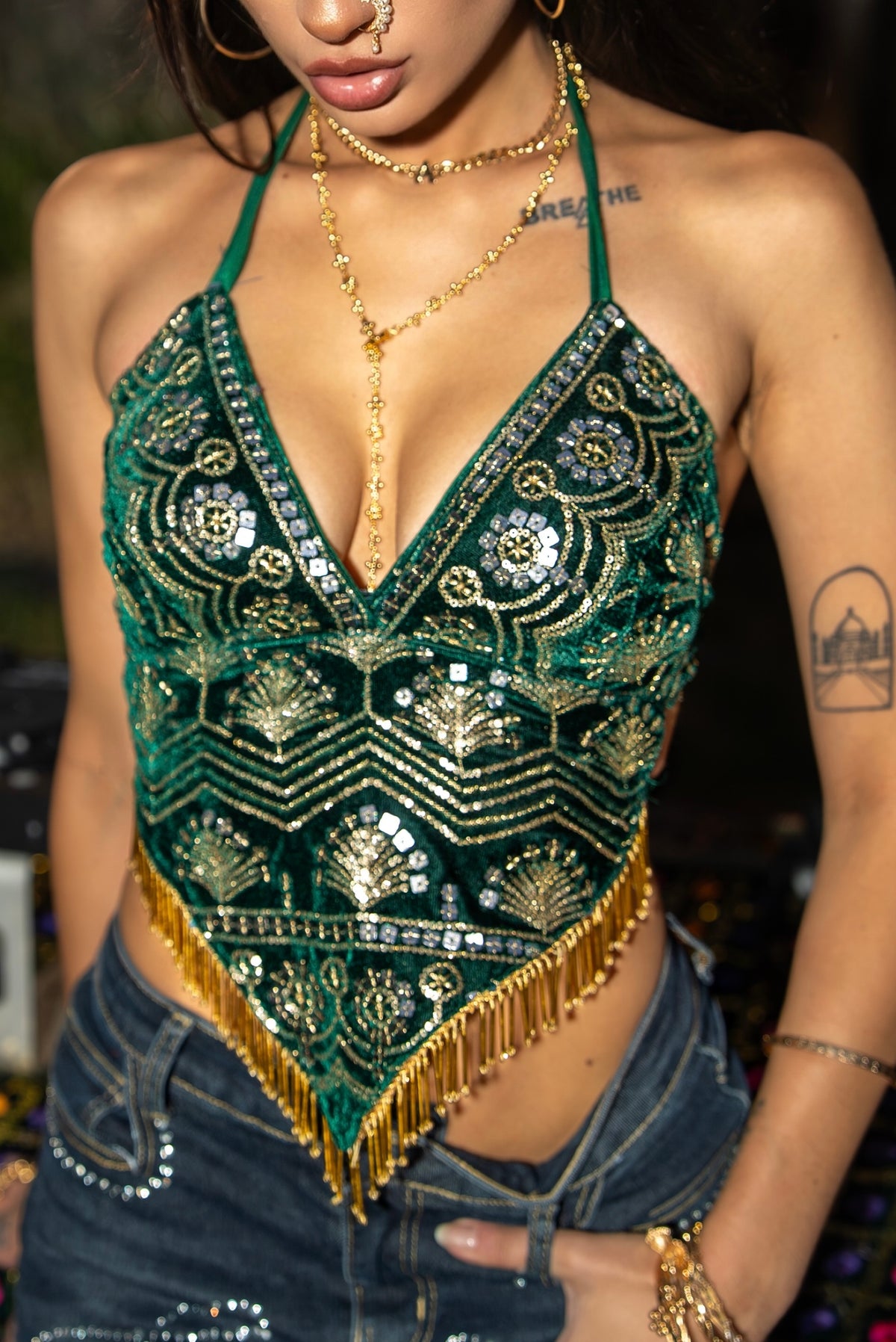 Emerald Venus Velvet Sequin Top