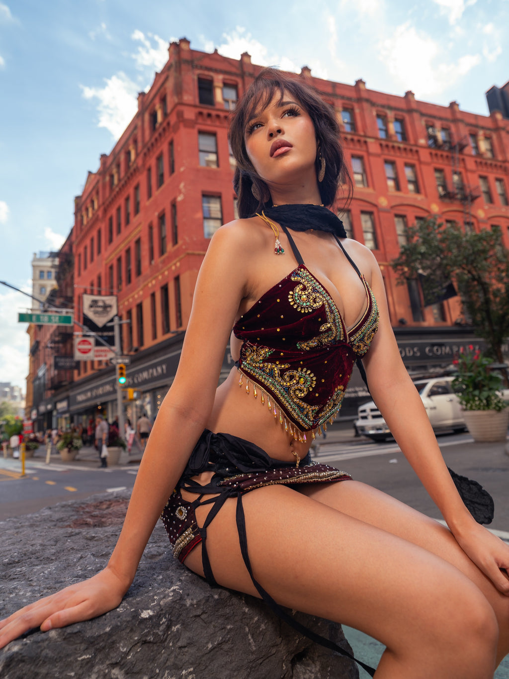 Midnight Velvet Lace Up Mini Skirt Set