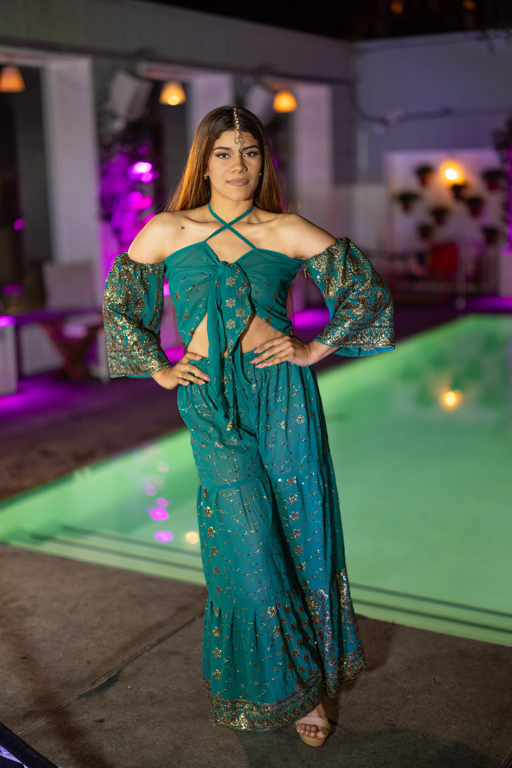 Golden turquoise sharara pants set