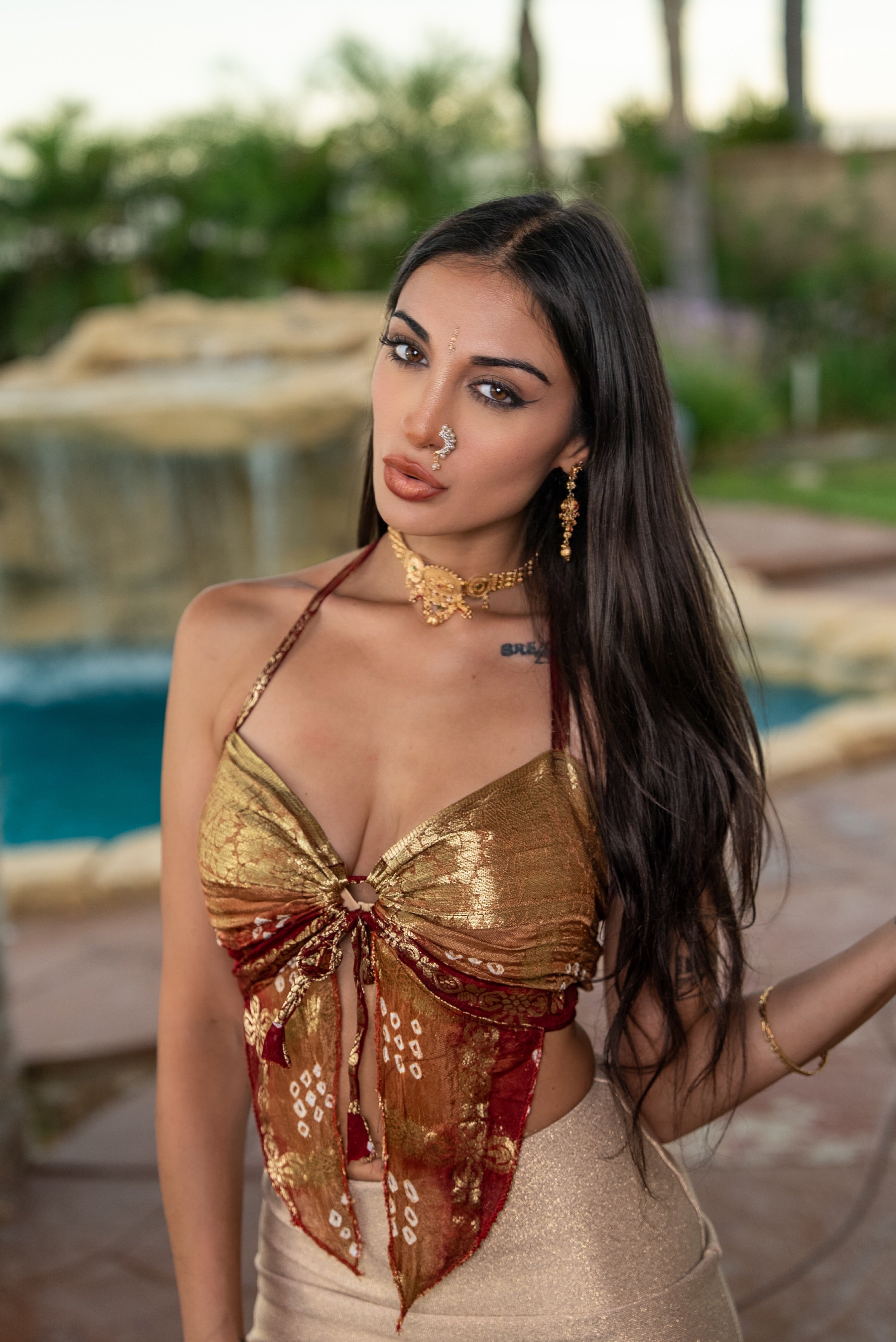 Golden Bandhani Ring Neck Pixie Top