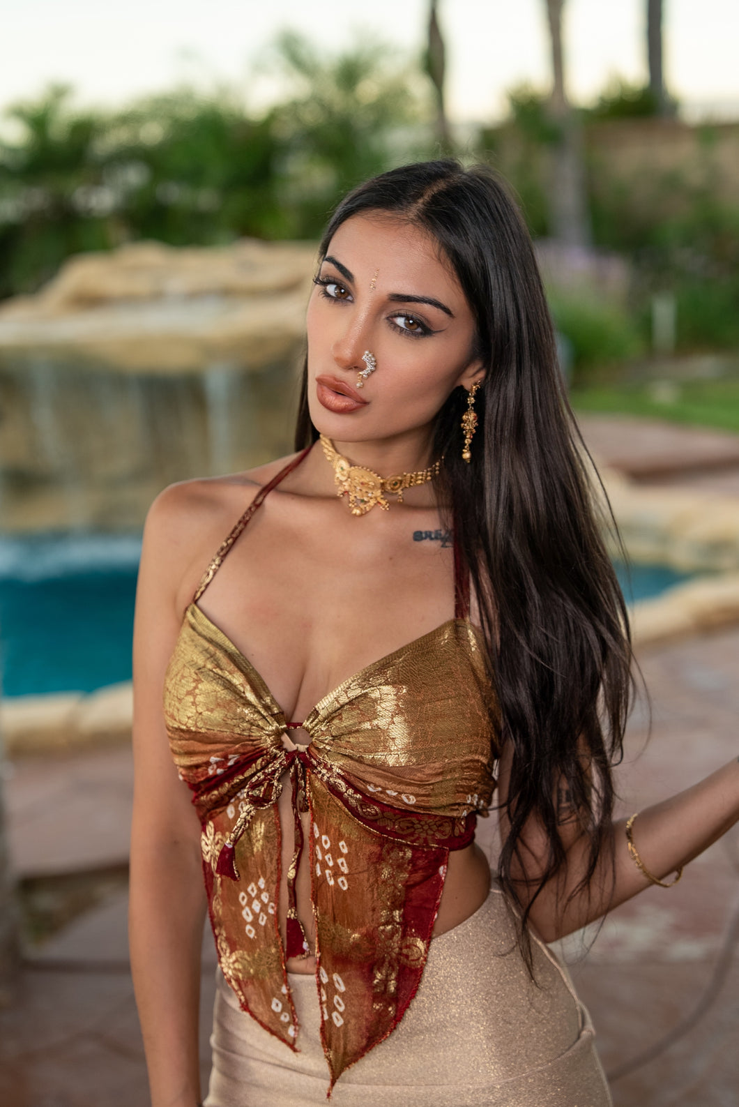 Golden Bandhani Ring Neck Pixie Top