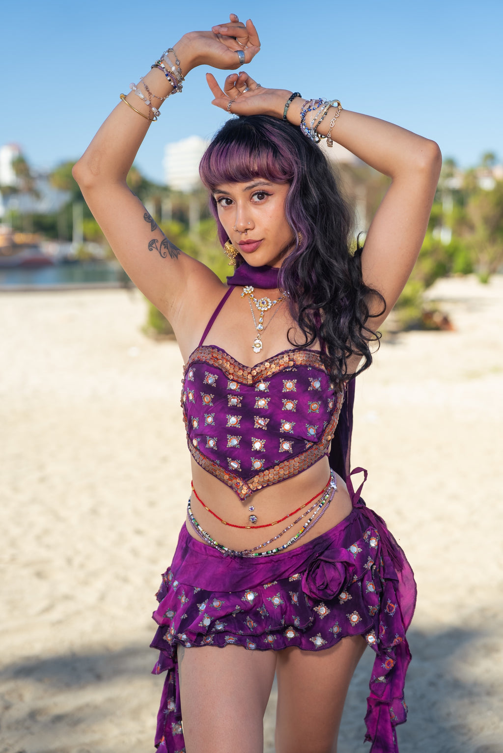 Purple heart ruffle mini skirt set
