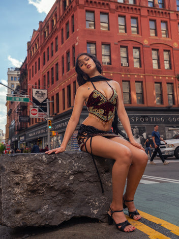 Midnight Velvet Lace Up Mini Skirt Set