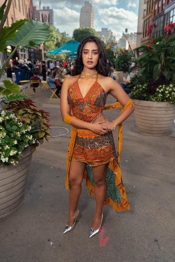 Saffron Jungle Ruffle Bollywood Set