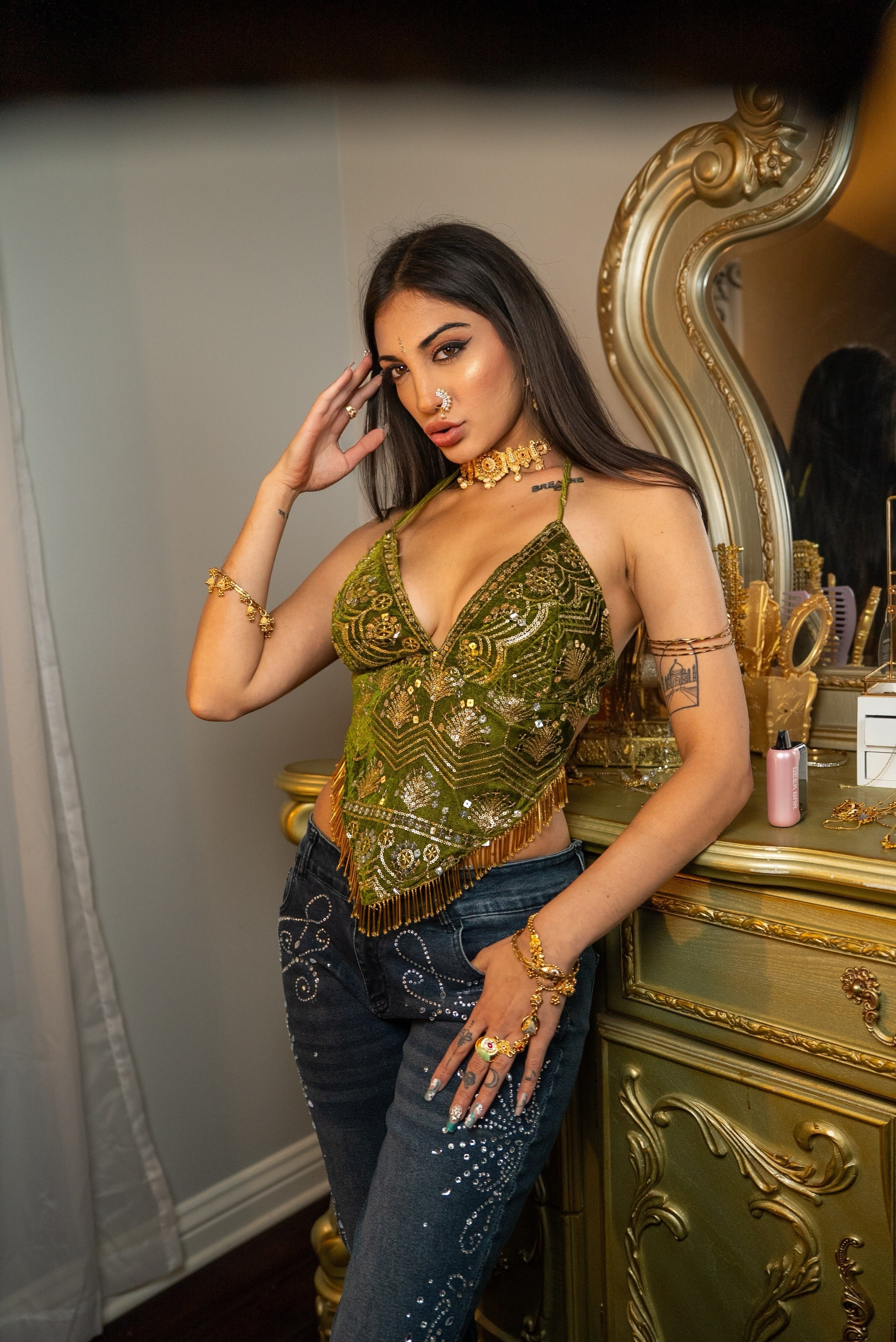Olive Velvet Fairy Venus Sequin Top