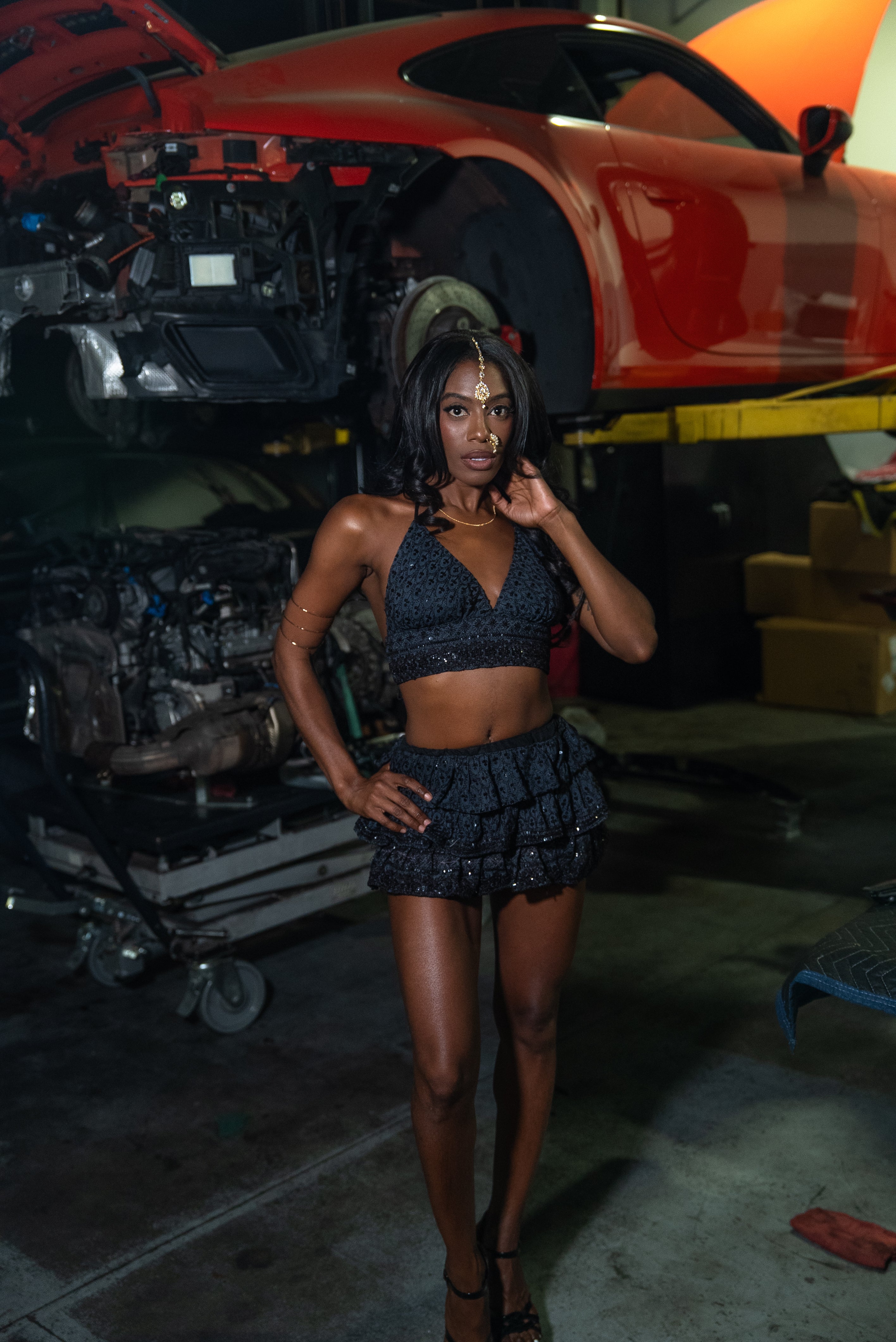 Black Sparkle Ruffle Mini Skirt Set