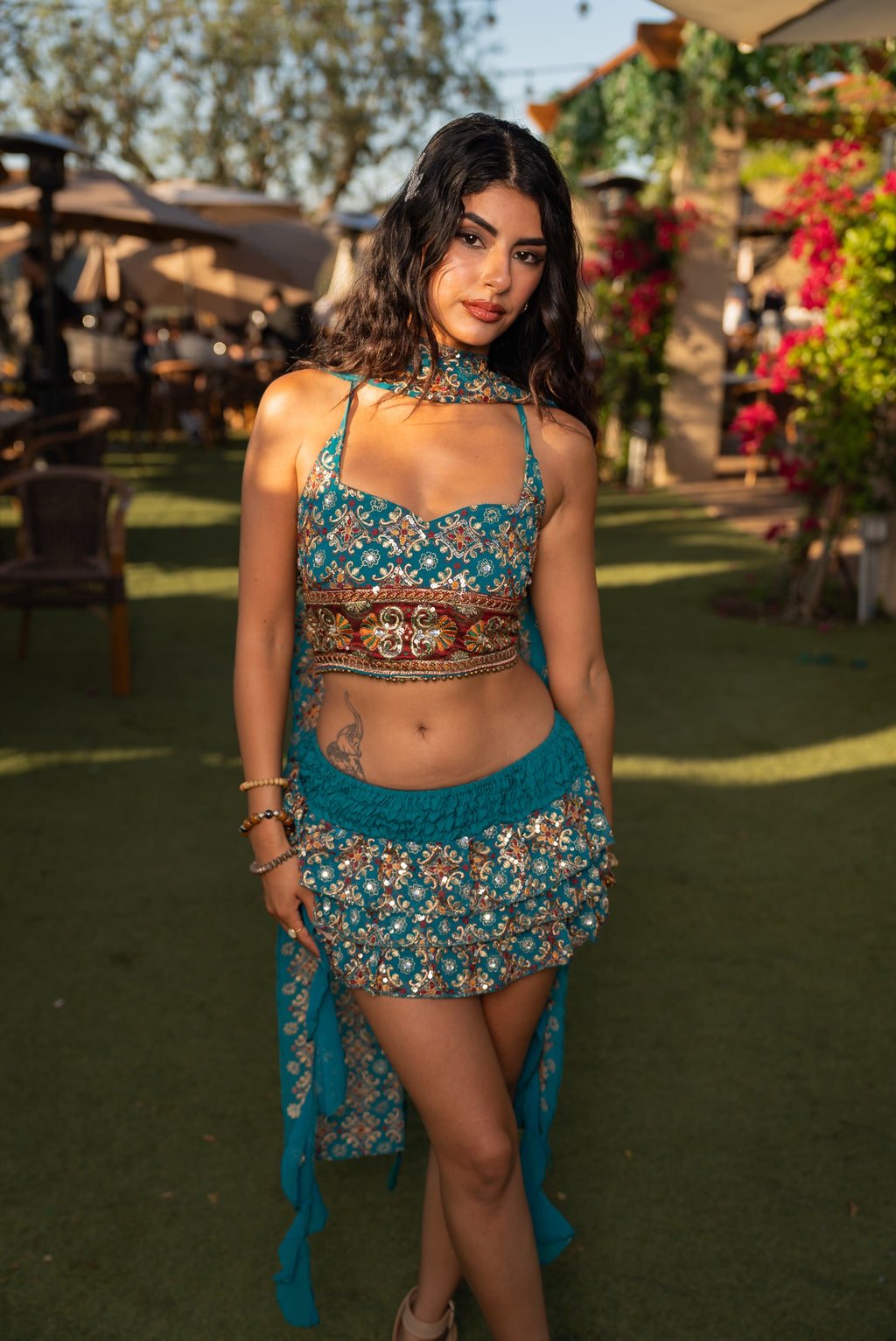 Blue lotus ruffle mini skirt set