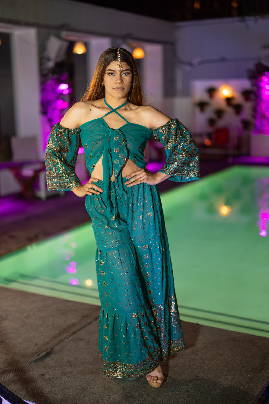 Golden turquoise sharara pants set