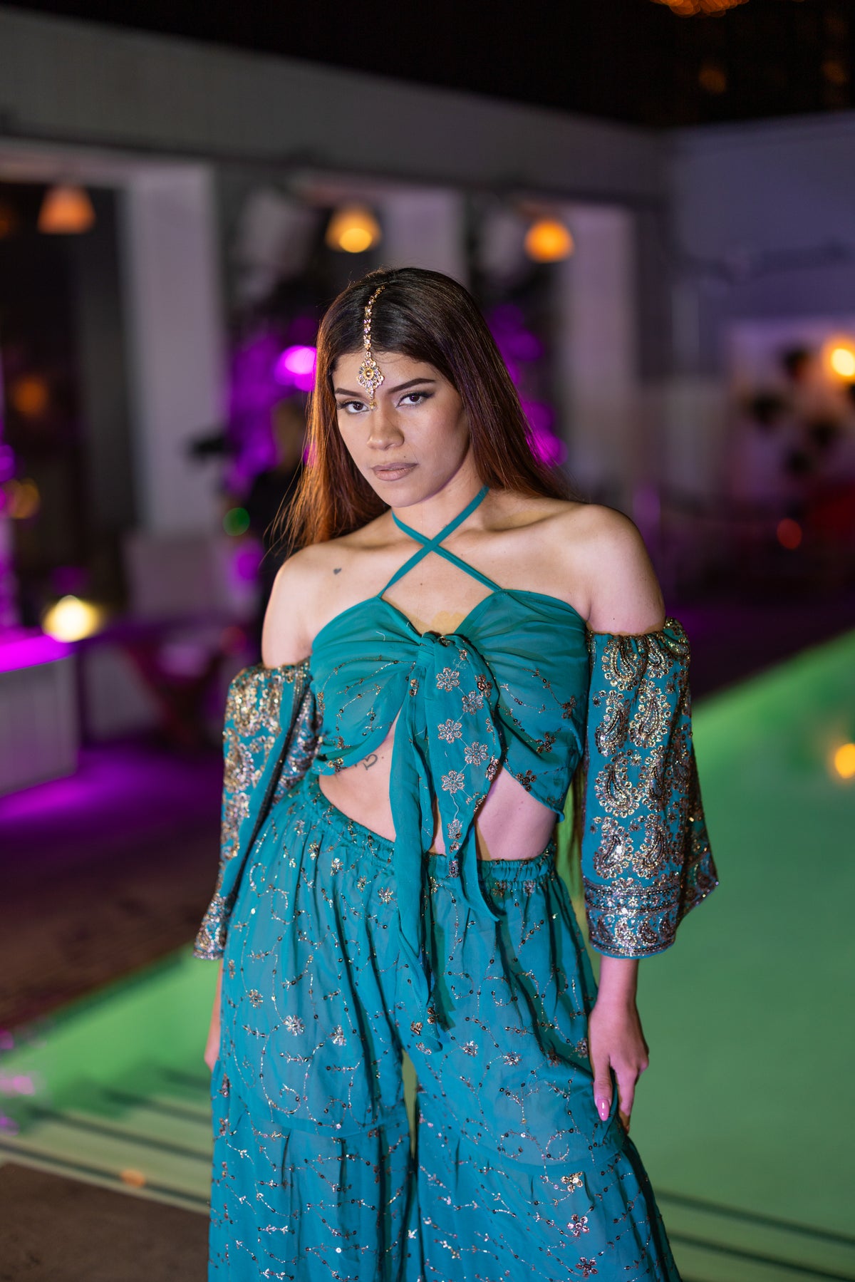 Golden turquoise sharara pants set