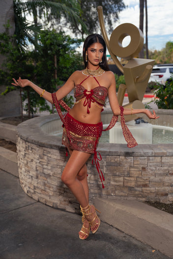 Royal Fire Lace Up Mini Skirt Set
