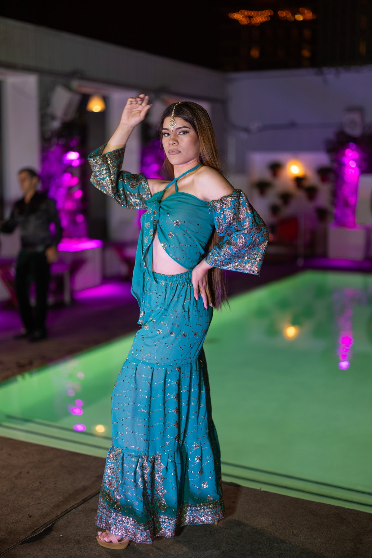 Golden turquoise sharara pants set