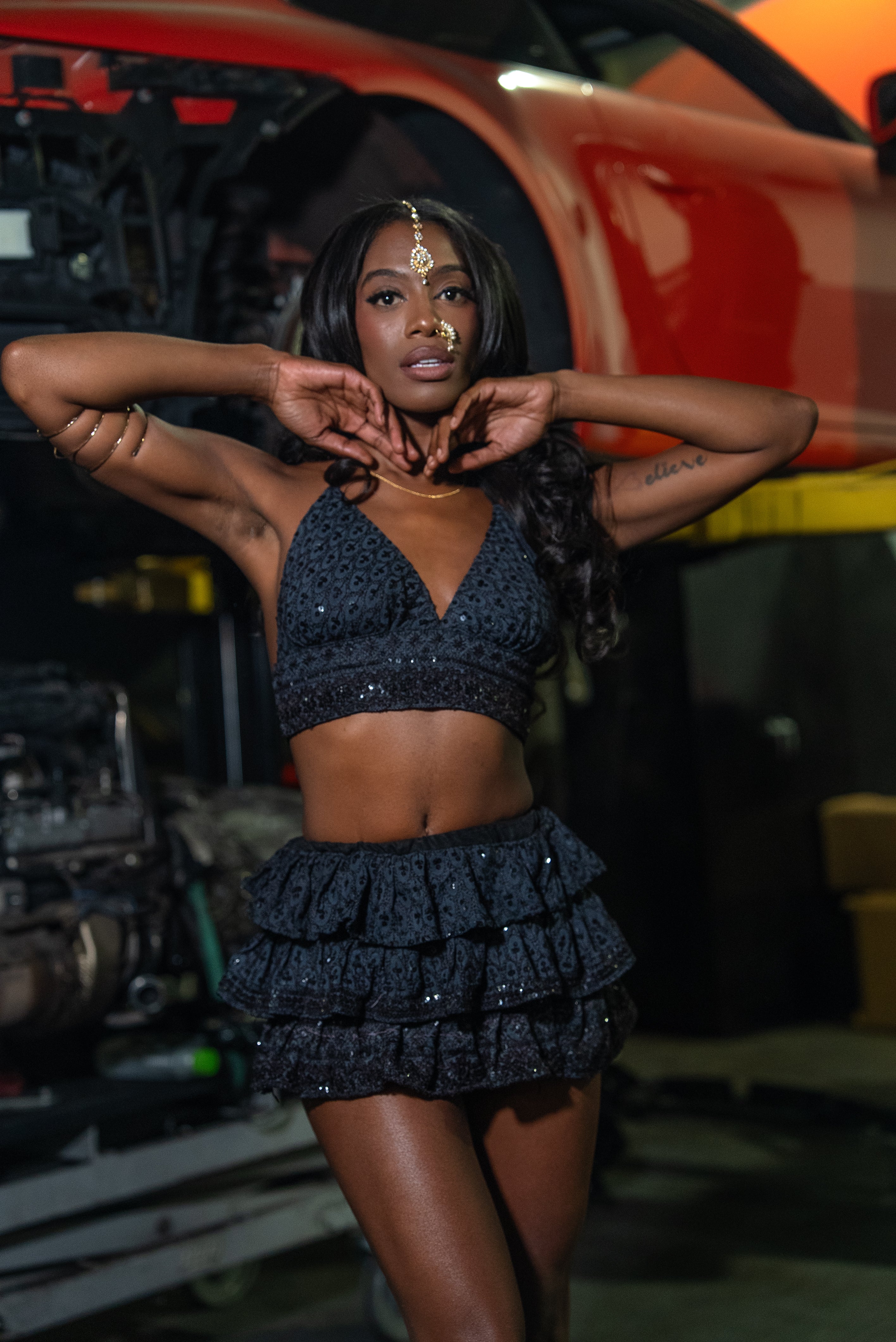 Black Sparkle Ruffle Mini Skirt Set