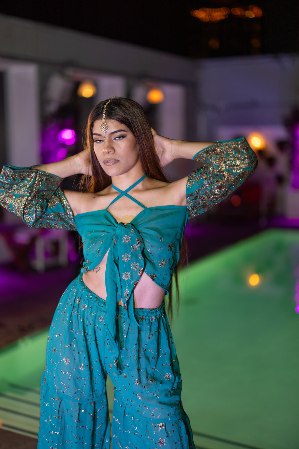 Golden turquoise sharara pants set