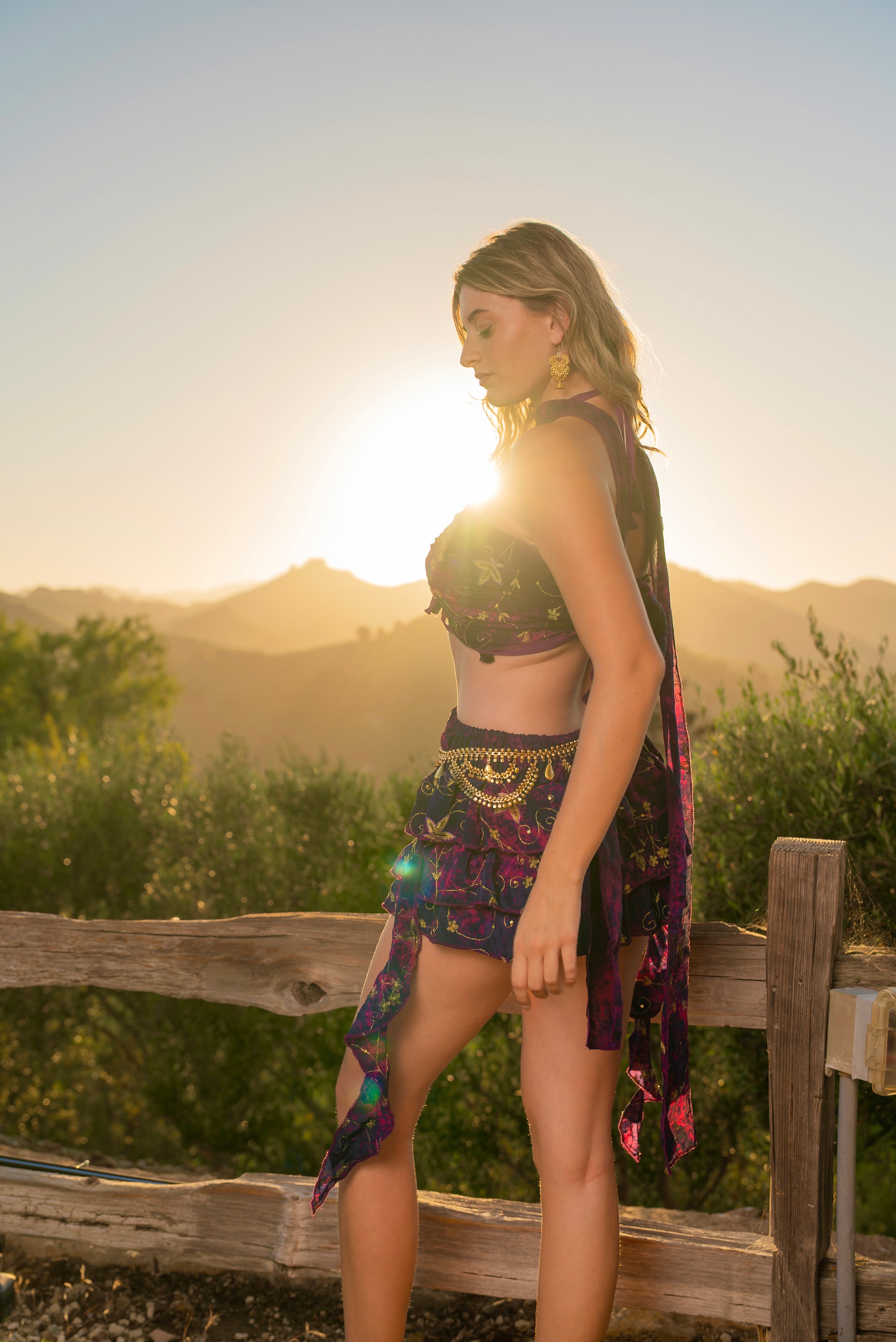 Purple cosmos ruffle mini skirt set