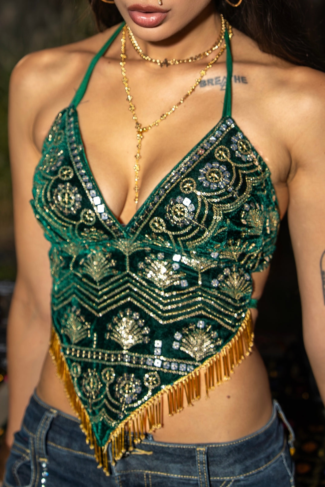 Emerald Venus Velvet Sequin Top