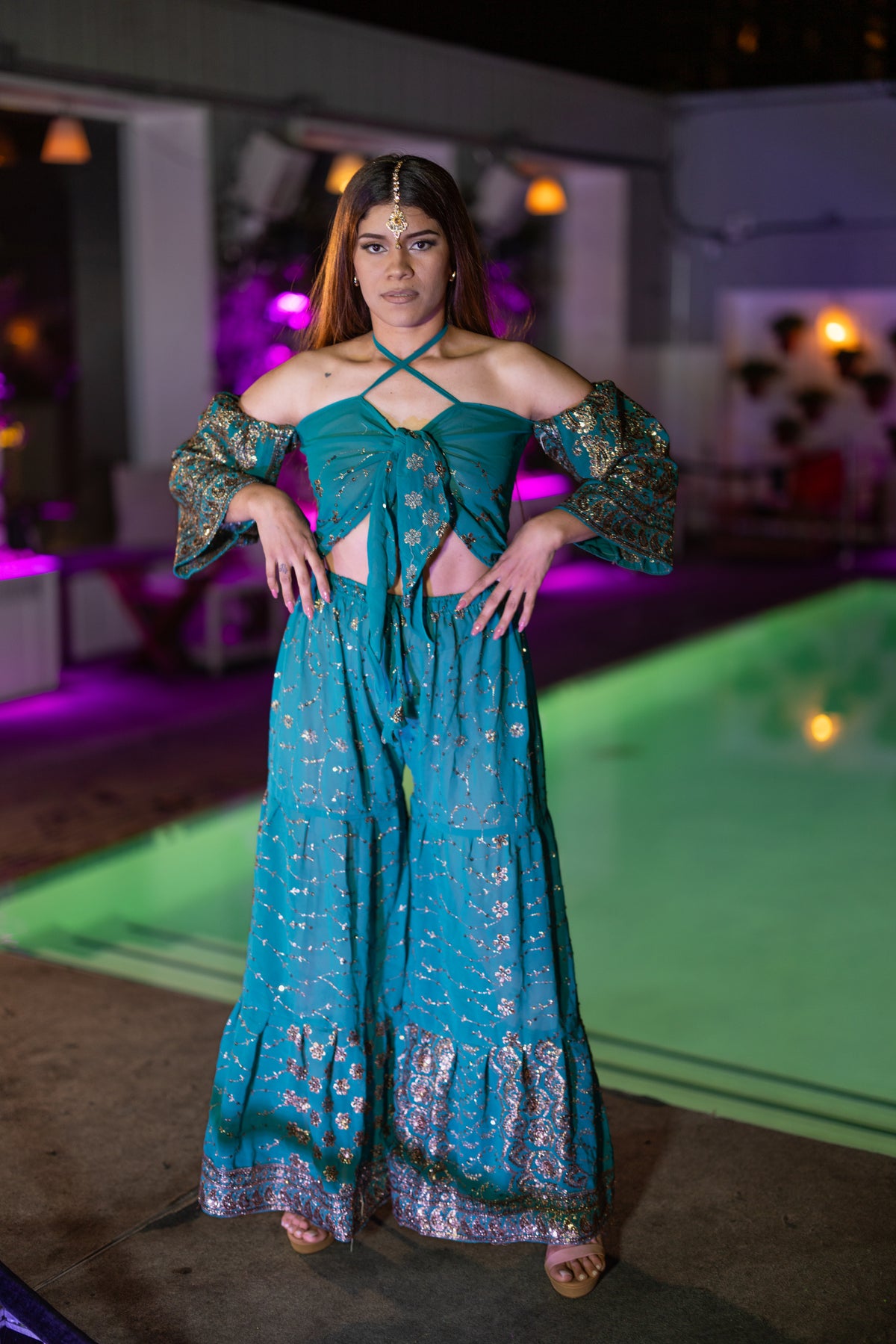 Golden turquoise sharara pants set