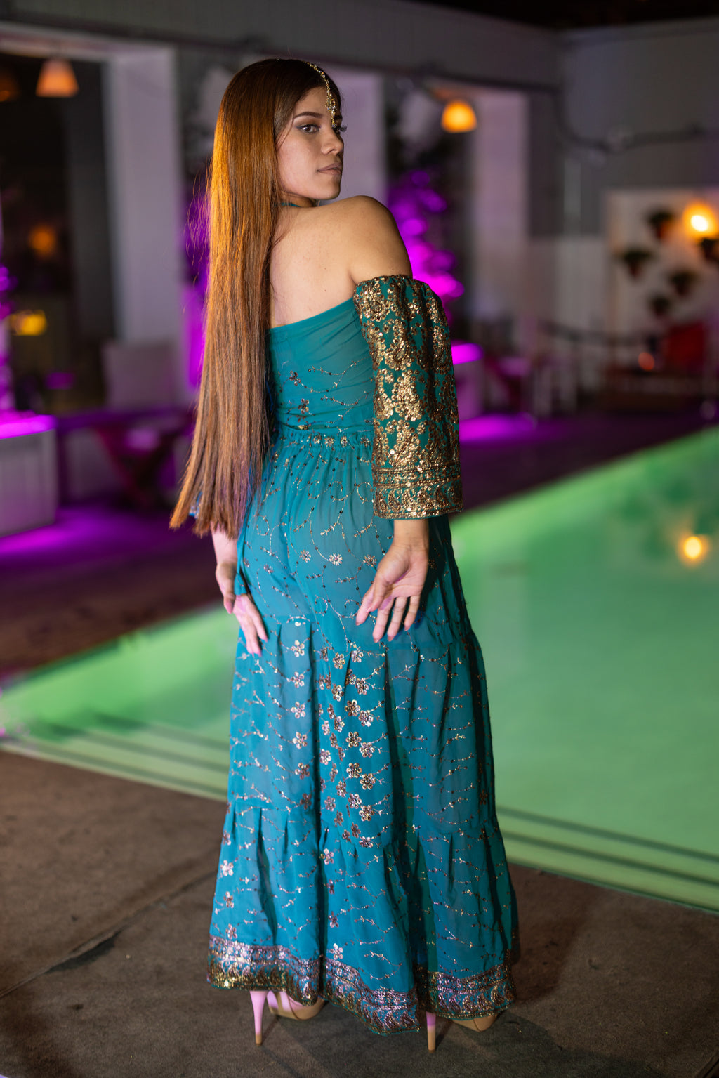 Golden turquoise sharara pants set