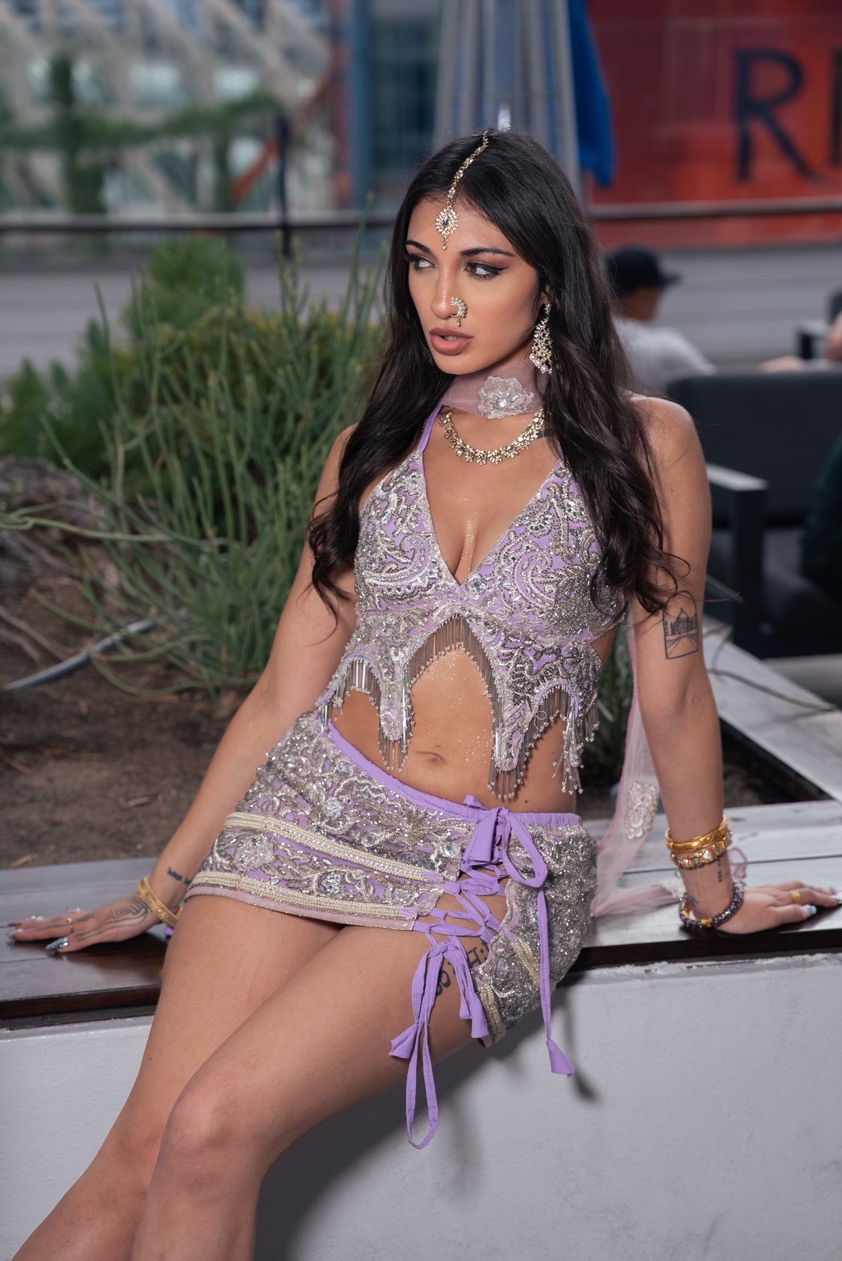 Lilac Diamonds Lace up Mini Skirt Set