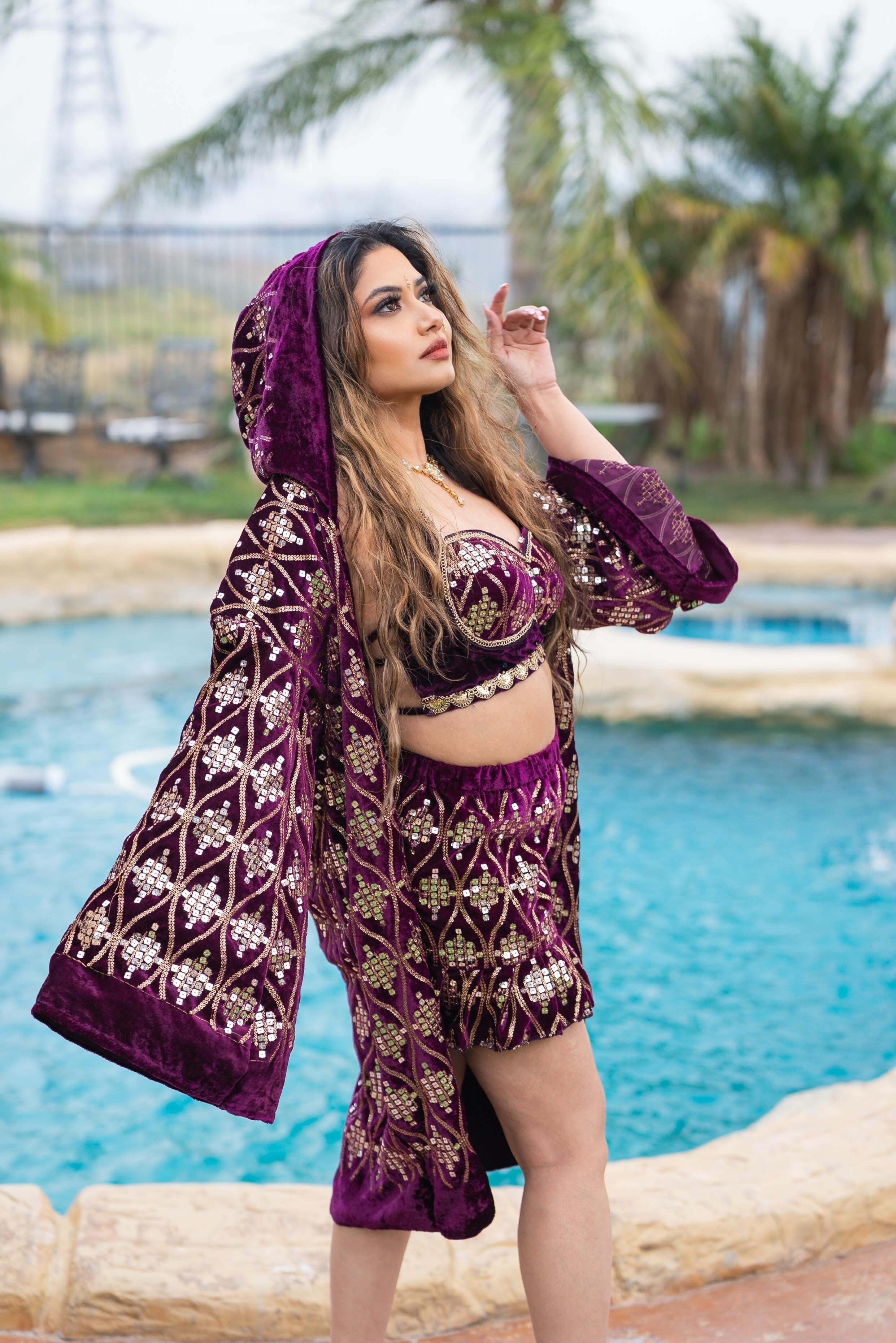 Pyramid Plum Velvet Ruffle Mini Skirt Set