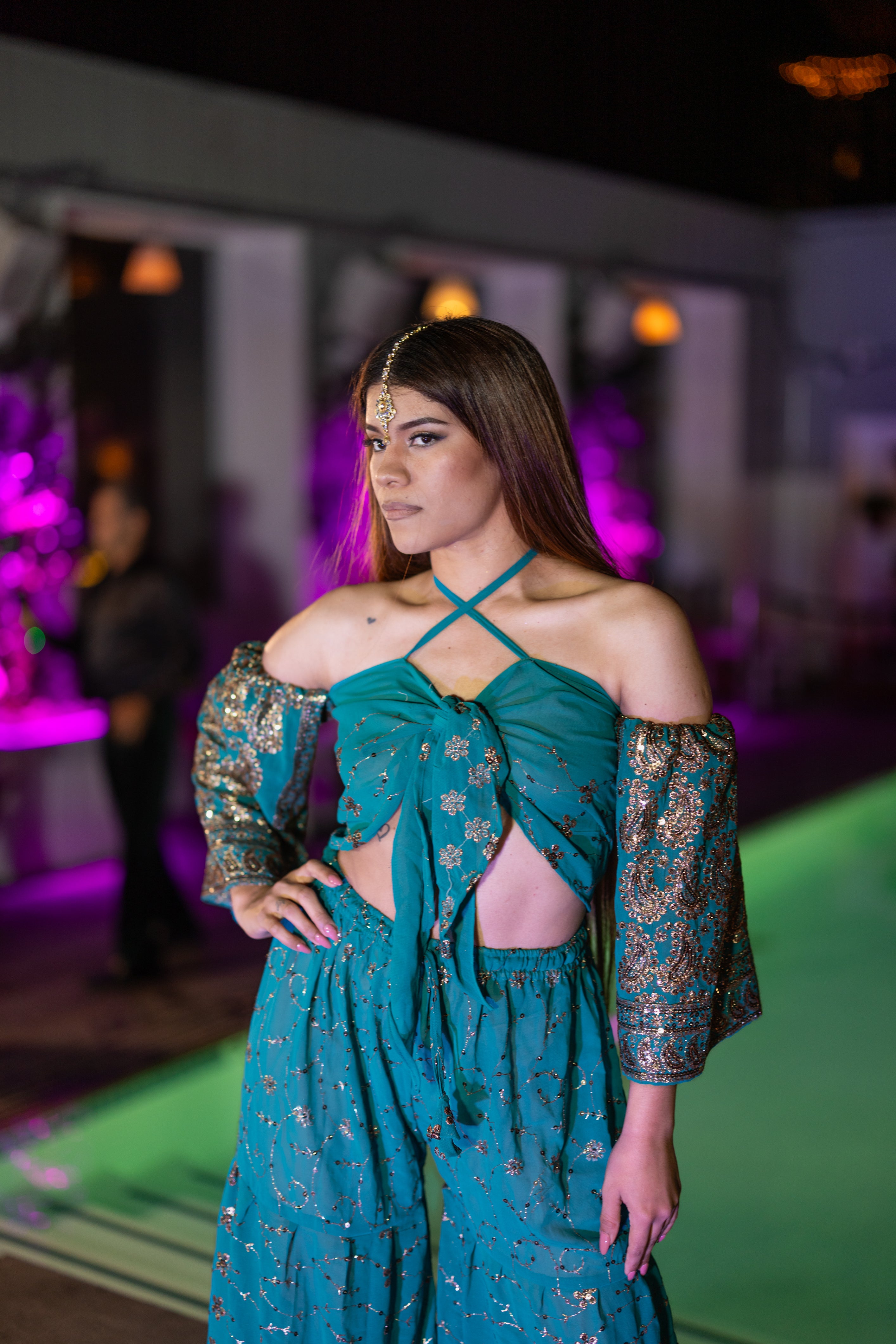 Golden turquoise sharara pants set