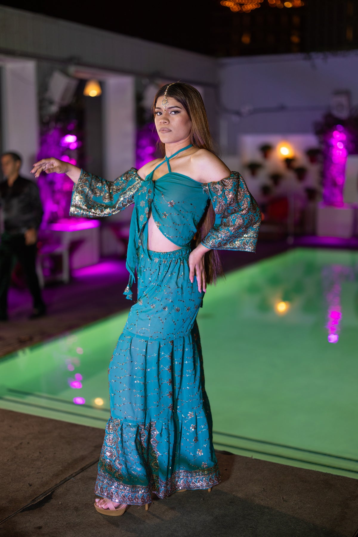 Golden turquoise sharara pants set