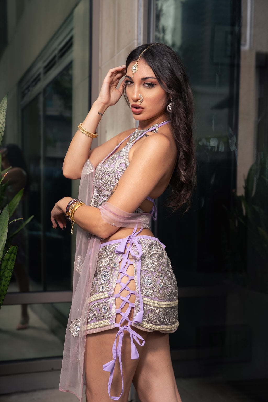 Lilac Diamonds Lace up Mini Skirt Set