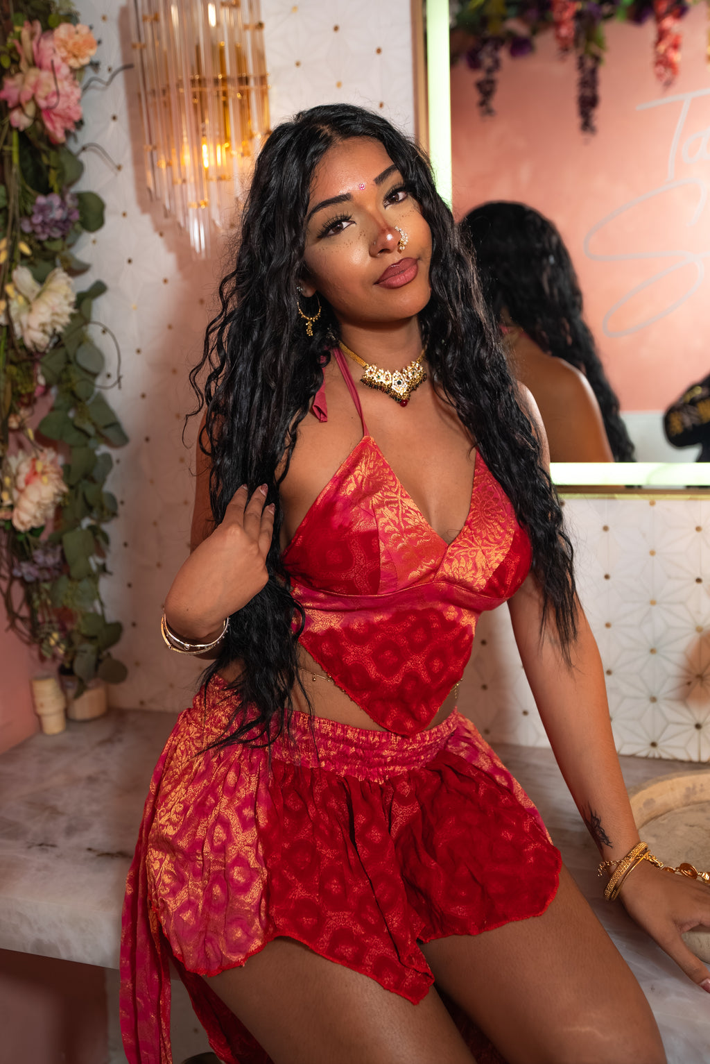 pink roses butterfly skirt set