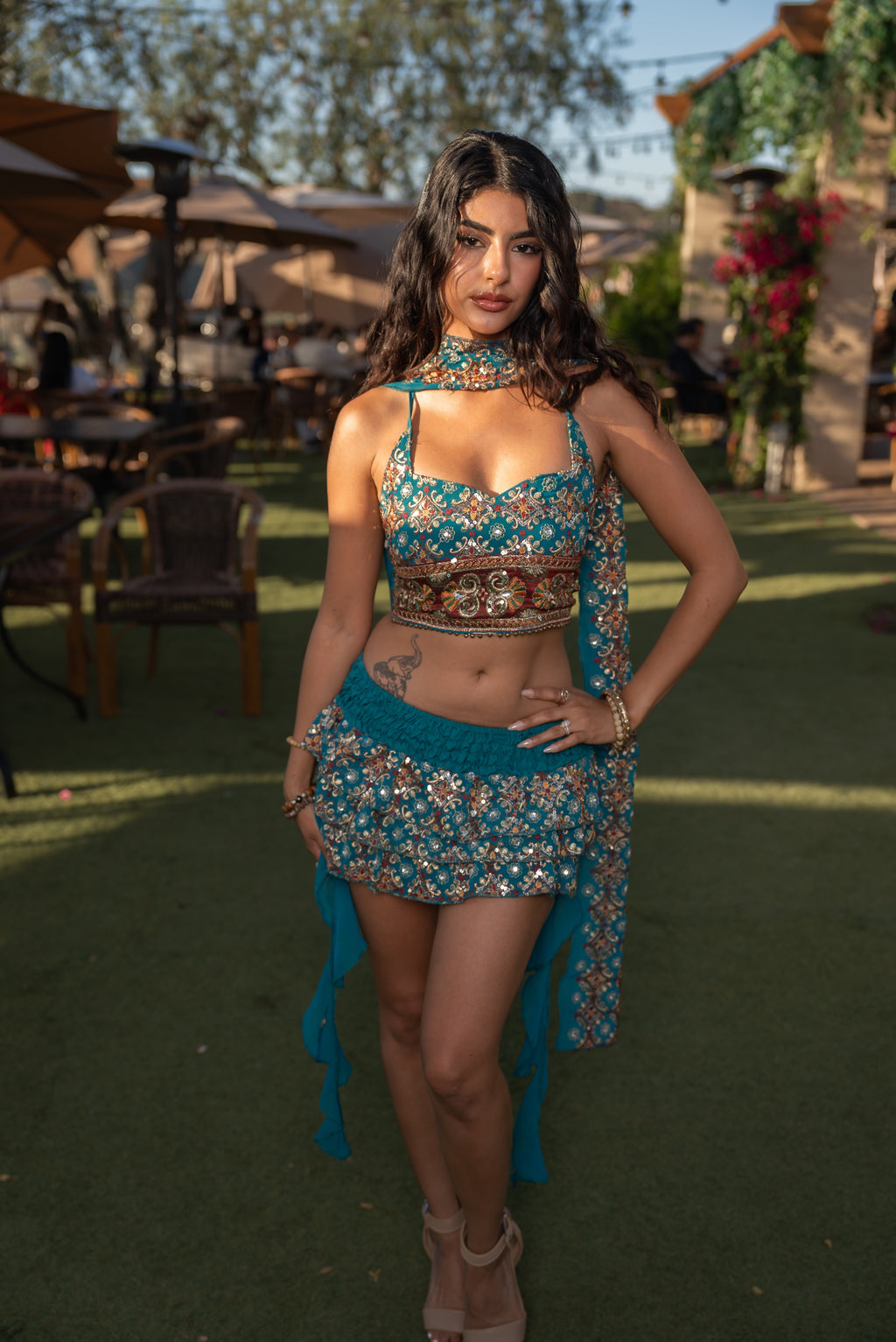 Blue lotus ruffle mini skirt set