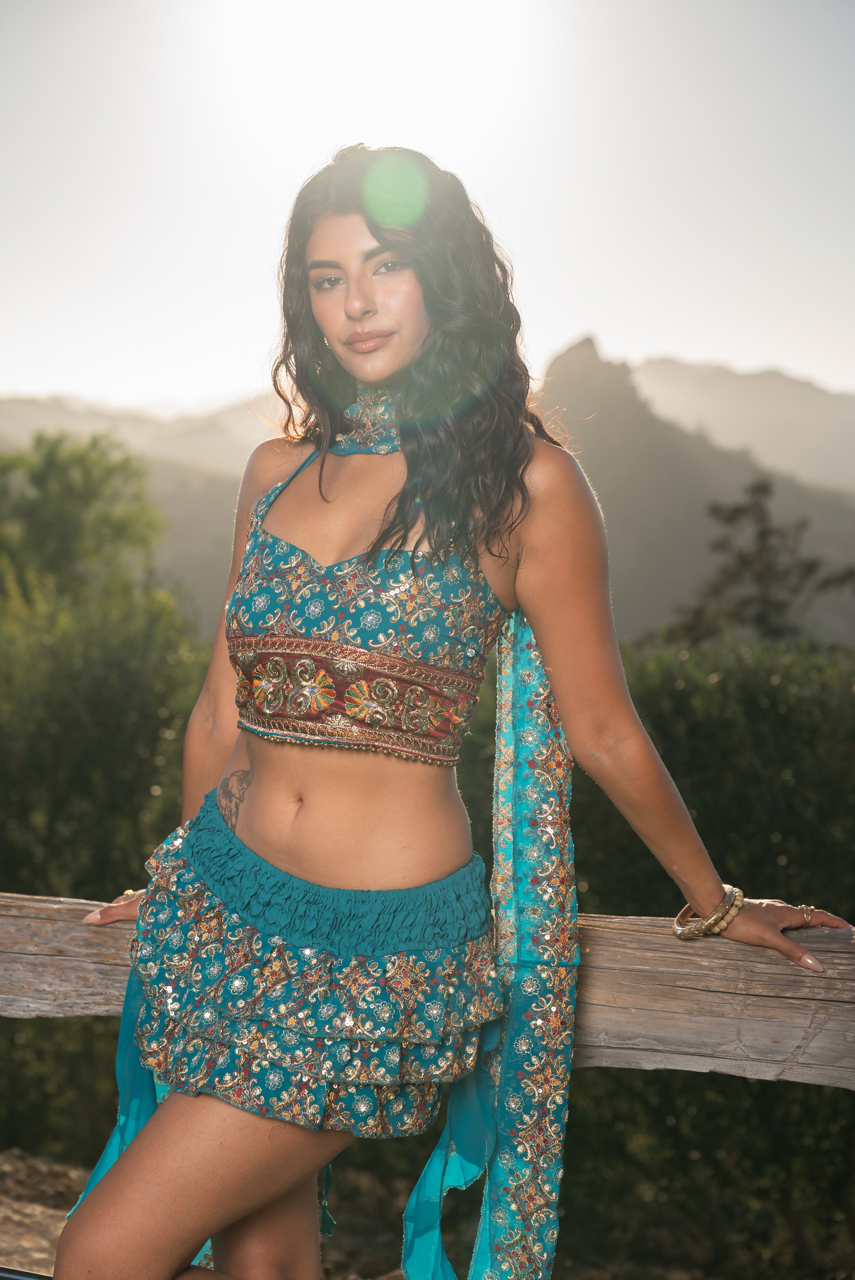 Blue lotus ruffle mini skirt set