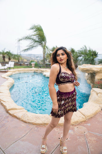 Pyramid Plum Velvet Ruffle Mini Skirt Set